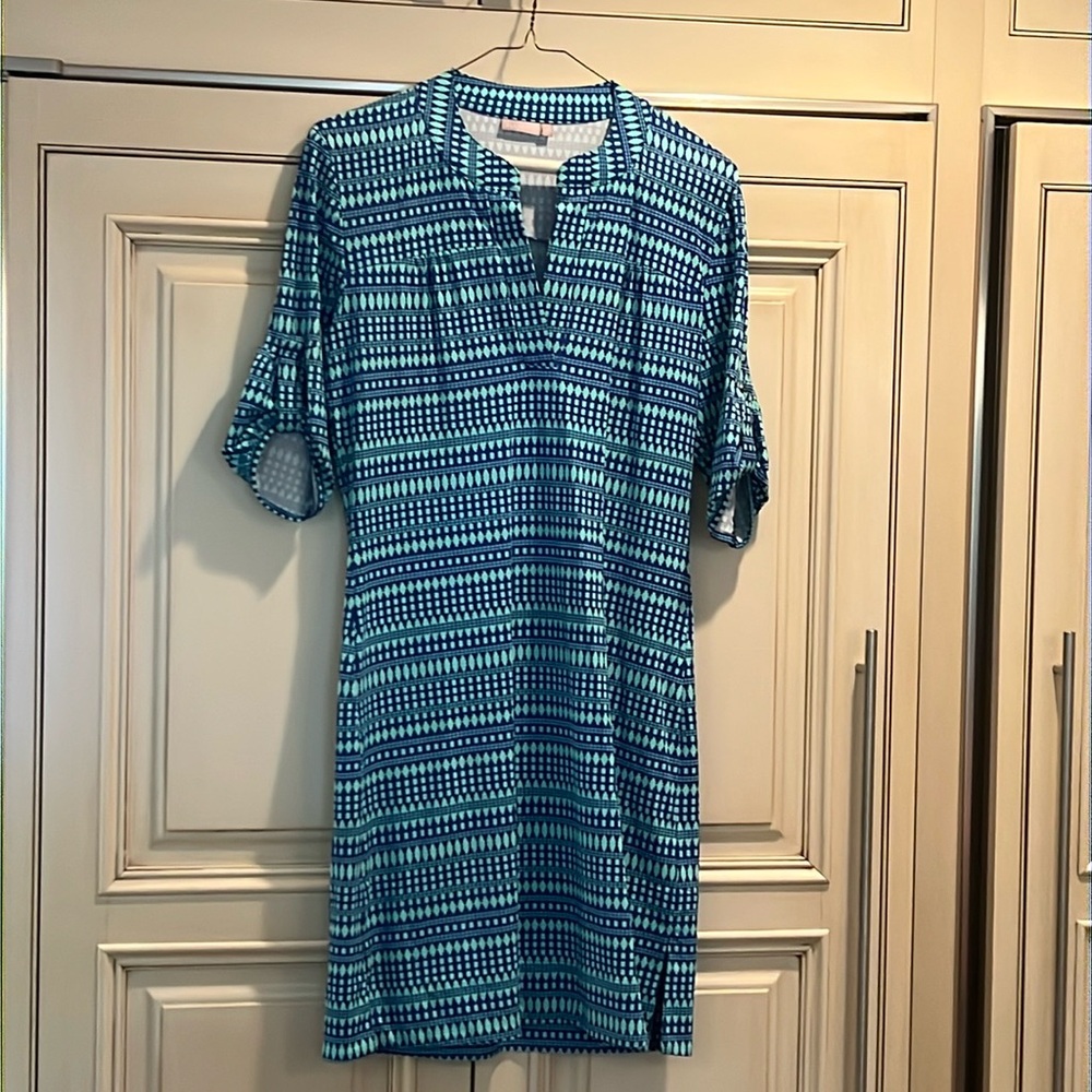Ellie Kai blue and turquoise midi dress.